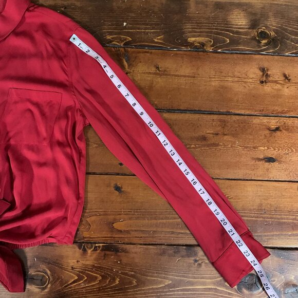 Theory Stretch Silk Women's Tie-Front Red Medium Long Sleeve Button Shirt Blouse - Picture 14 of 14